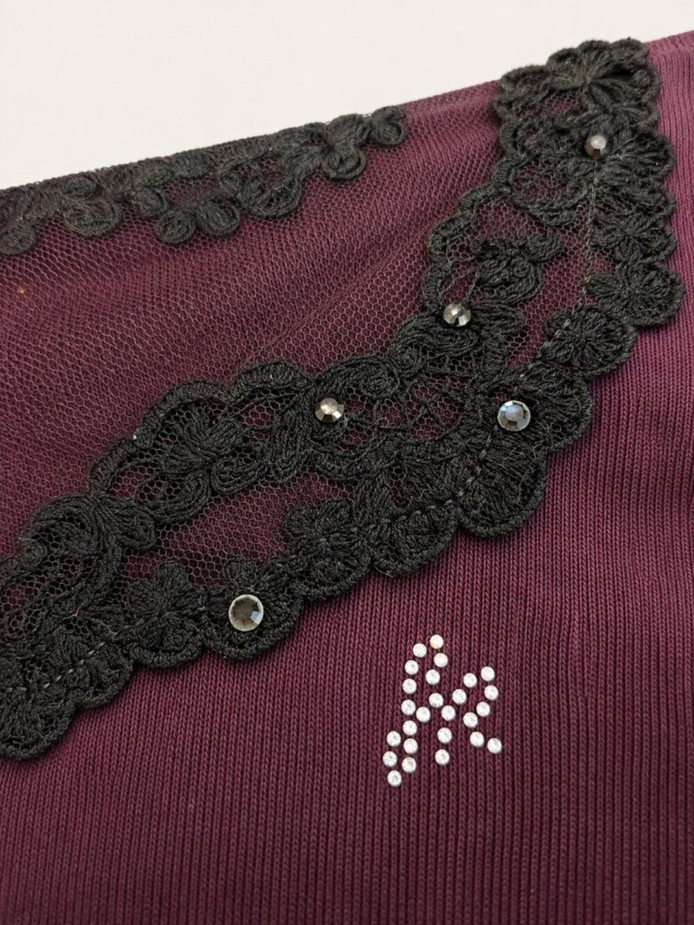 Sonia Rykiel Paris Burgundy Cotton Lace Rhinestone Long Sleeve Top Size L - Picture 10 of 10